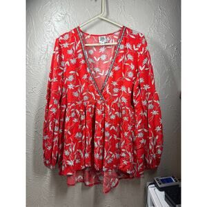 Ivy Jane Womens Red Floral Boho Peasant Long Sleeve‎ V Neck Top Size Medium
